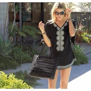 Stella & Dot Embroidered Tunic Coverup Womens L/XL Bohemian Dark Cottage Beachy